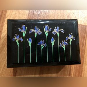 Vintage Otagiri Japan Blue Iris black Lacquer Jewelry Music Box Look of Love